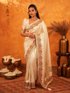 Cream Beige Banarasi Silk Saree with Multicolor Peacock Floral Embroidered Border & Zari Weaving | Premium Festive Wedding Wear Saree