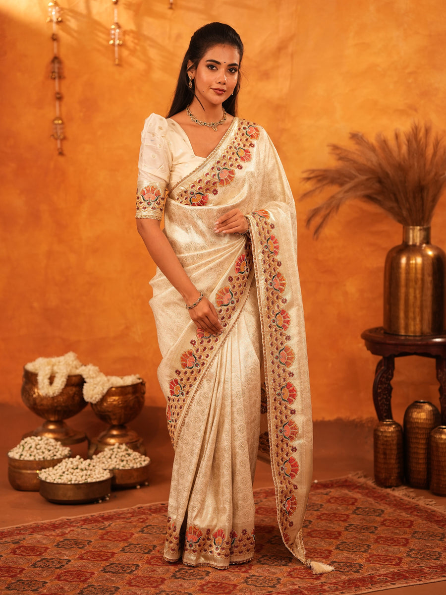 Cream Beige Banarasi Silk Saree with Multicolor Peacock Floral Embroidered Border & Zari Weaving | Premium Festive Wedding Wear Saree