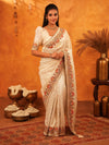 Cream Beige Banarasi Silk Saree with Multicolor Peacock Floral Embroidered Border & Zari Weaving | Premium Festive Wedding Wear Saree