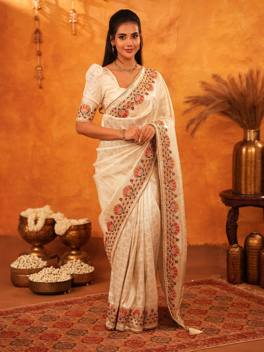 Cream Beige Banarasi Silk Saree with Multicolor Peacock Floral Embroidered Border & Zari Weaving | Premium Festive Wedding Wear Saree