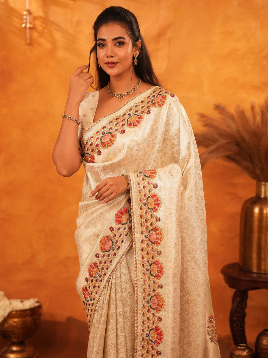 Cream Beige Banarasi Silk Saree with Multicolor Peacock Floral Embroidered Border & Zari Weaving | Premium Festive Wedding Wear Saree