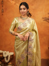 Olive Gold Banarasi Silk Embroidered Saree with Paisley Border & Zari Weaving | Heavy Embroidered Blouse with Tassels | Wedding & Festive Wear Saree