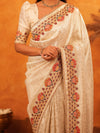 Cream Beige Banarasi Silk Saree with Multicolor Peacock Floral Embroidered Border & Zari Weaving | Premium Festive Wedding Wear Saree