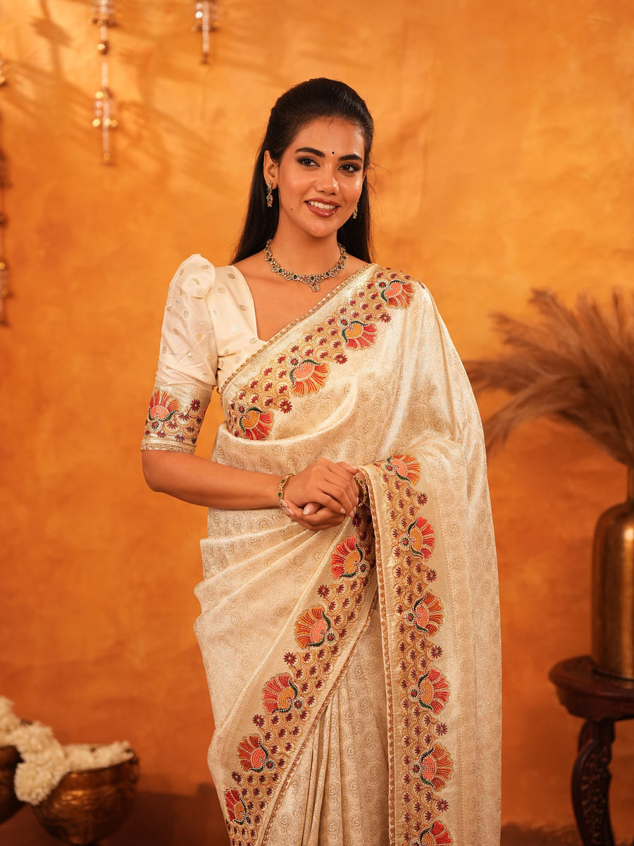 Cream Beige Banarasi Silk Saree with Multicolor Peacock Floral Embroidered Border & Zari Weaving | Premium Festive Wedding Wear Saree