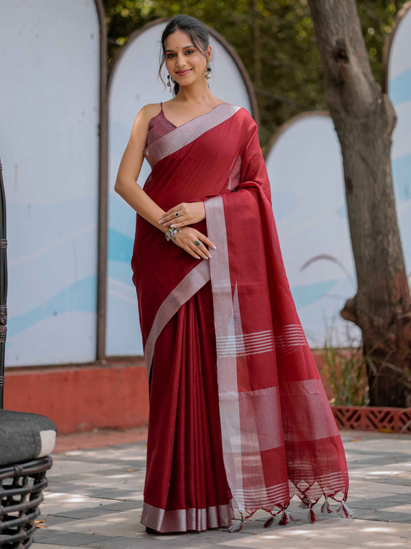 Wine Red Pure Handloom Cotton Saree with Silver Border & Tassel Detailing