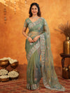 Teal Green Fendy Satin Embroidered Saree with Multicolor Floral Border & Tassels | Premium Designer Saree with Heavy Embroidered Blouse