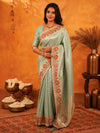 Mint Green Banarasi Silk Saree with Peacock Floral Embroidered Border & Zari Weaving | Festive & Wedding Wear Designer Saree