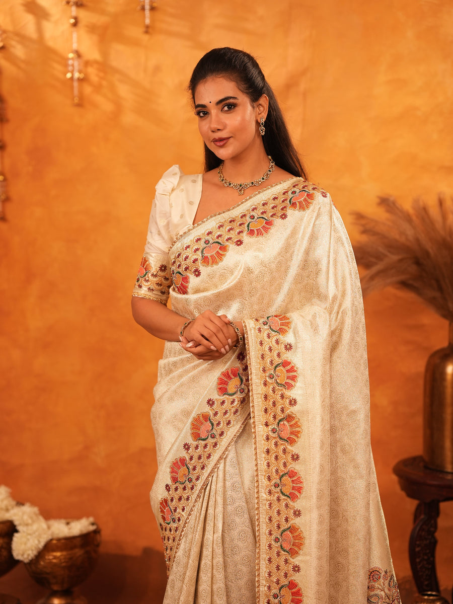 Cream Beige Banarasi Silk Saree with Multicolor Peacock Floral Embroidered Border & Zari Weaving | Premium Festive Wedding Wear Saree