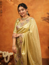 Olive Gold Banarasi Silk Embroidered Saree with Paisley Border & Zari Weaving | Heavy Embroidered Blouse with Tassels | Wedding & Festive Wear Saree