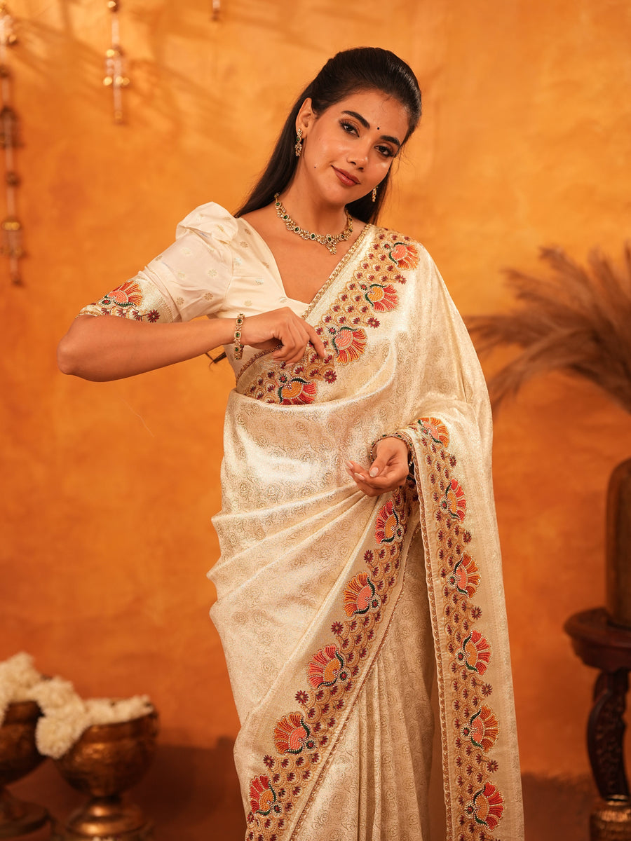 Cream Beige Banarasi Silk Saree with Multicolor Peacock Floral Embroidered Border & Zari Weaving | Premium Festive Wedding Wear Saree