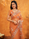 Burnt Orange Fendy Satin Embroidered Saree with Intricate Floral Border & Tassels | Premium Designer Saree with Heavy Embroidered Blouse