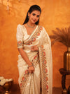 Cream Beige Banarasi Silk Saree with Multicolor Peacock Floral Embroidered Border & Zari Weaving | Premium Festive Wedding Wear Saree