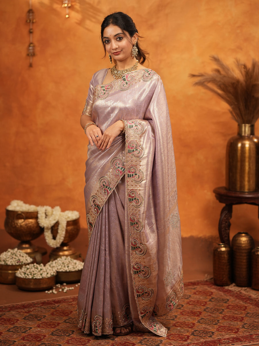 Mauve Pink Banarasi Silk Embroidered Saree with Paisley Border & Zari Weaving | Heavy Embroidered Blouse with Tassels | Wedding & Festive Wear Saree