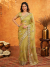 Olive Green Fendy Satin Embroidered Saree with Multicolor Floral Border & Tassels | Premium Designer Saree with Heavy Embroidered Blouse