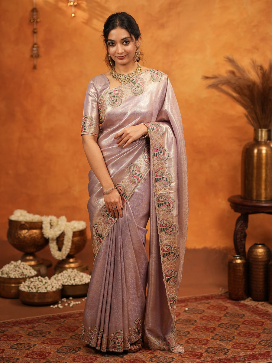 Mauve Pink Banarasi Silk Embroidered Saree with Paisley Border & Zari Weaving | Heavy Embroidered Blouse with Tassels | Wedding & Festive Wear Saree
