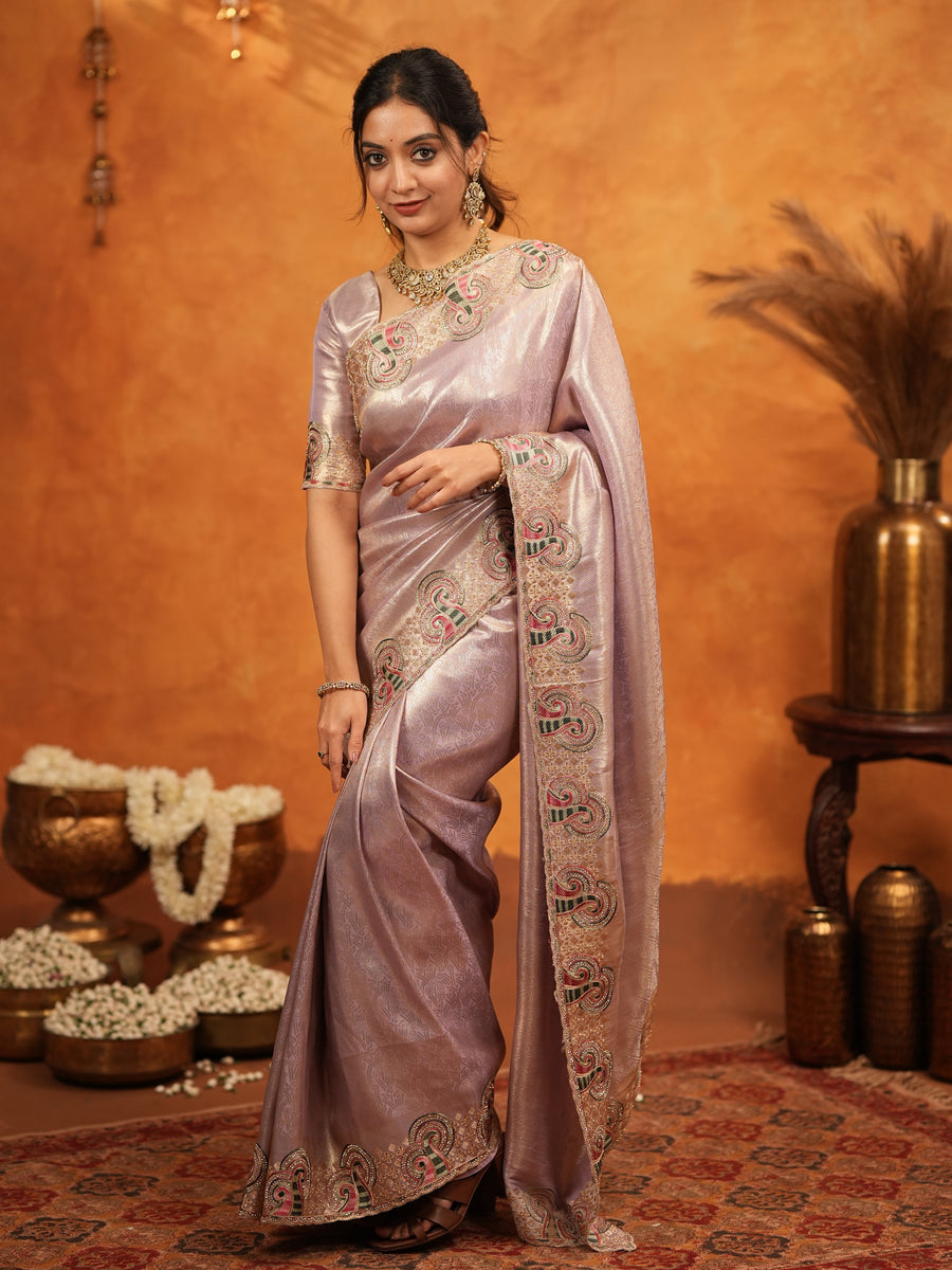 Mauve Pink Banarasi Silk Embroidered Saree with Paisley Border & Zari Weaving | Heavy Embroidered Blouse with Tassels | Wedding & Festive Wear Saree