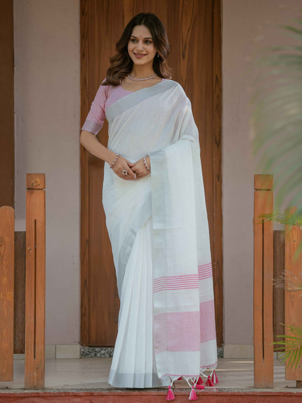 Pure White & Blush Pink Handloom Cotton Saree with Minimal Striped Border & Tassel Detailing