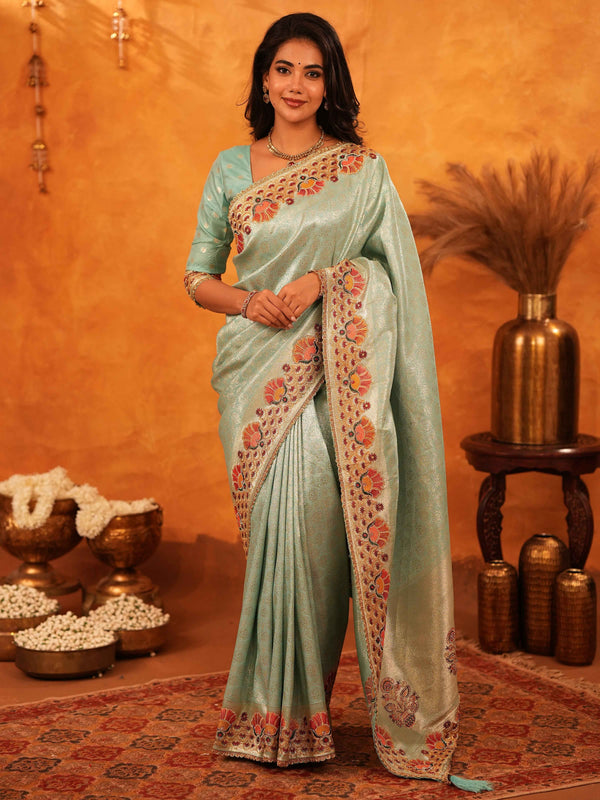 Mint Green Banarasi Silk Saree with Peacock Floral Embroidered Border & Zari Weaving | Festive & Wedding Wear Designer Saree