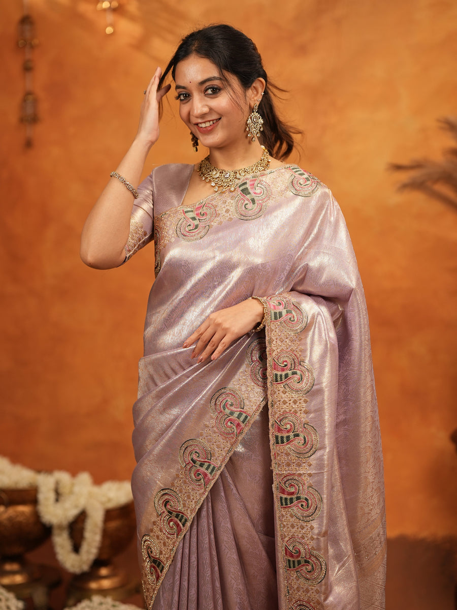 Mauve Pink Banarasi Silk Embroidered Saree with Paisley Border & Zari Weaving | Heavy Embroidered Blouse with Tassels | Wedding & Festive Wear Saree