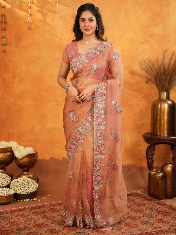Peach Blush Fendy Satin Embroidered Saree with Multicolor Floral Border & Tassels | Designer Saree with Heavy Embroidered Blouse