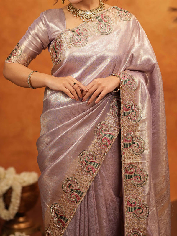 Mauve Pink Banarasi Silk Embroidered Saree with Paisley Border & Zari Weaving | Heavy Embroidered Blouse with Tassels | Wedding & Festive Wear Saree