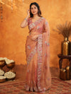 Peach Blush Fendy Satin Embroidered Saree with Multicolor Floral Border & Tassels | Designer Saree with Heavy Embroidered Blouse