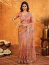 Peach Blush Fendy Satin Embroidered Saree with Multicolor Floral Border & Tassels | Designer Saree with Heavy Embroidered Blouse