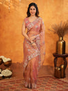 Peach Blush Fendy Satin Embroidered Saree with Multicolor Floral Border & Tassels | Designer Saree with Heavy Embroidered Blouse