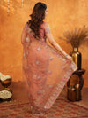 Peach Blush Fendy Satin Embroidered Saree with Multicolor Floral Border & Tassels | Designer Saree with Heavy Embroidered Blouse