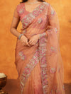 Peach Blush Fendy Satin Embroidered Saree with Multicolor Floral Border & Tassels | Designer Saree with Heavy Embroidered Blouse