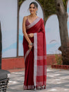 Wine Red Pure Handloom Cotton Saree with Silver Border & Tassel Detailing