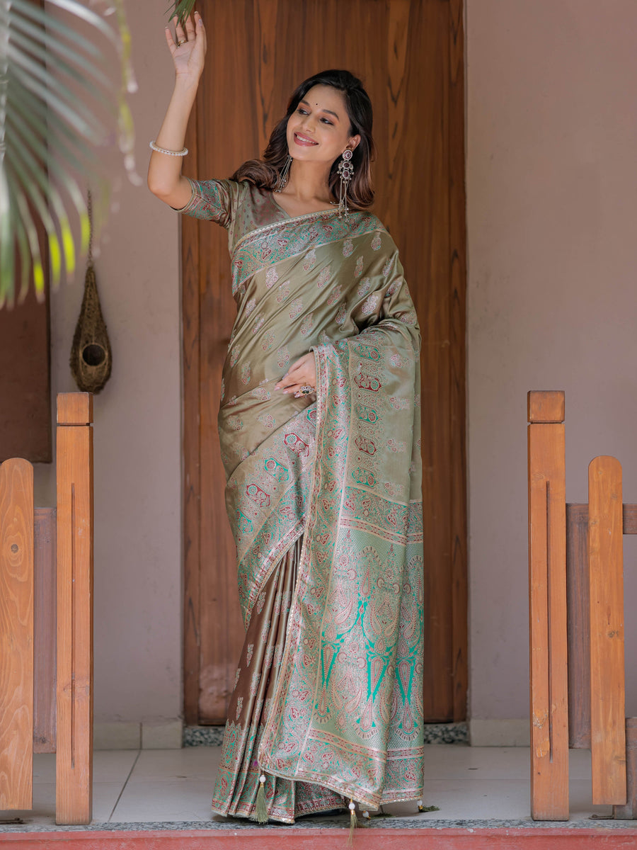 Olive Gold Banarasi Silk Saree with Intricate Paisley Zari Weaving & Tassel Detailing