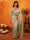 Mint Green Banarasi Silk Saree with Peacock Floral Embroidered Border & Zari Weaving | Festive & Wedding Wear Designer Saree