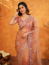 Peach Blush Fendy Satin Embroidered Saree with Multicolor Floral Border & Tassels | Designer Saree with Heavy Embroidered Blouse
