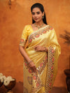 Royal Mustard Yellow Banarasi Silk Saree with Peacock Floral Embroidered Border & Zari Weaving | Festive Wedding Wear Designer Saree