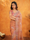 Peach Blush Fendy Satin Embroidered Saree with Multicolor Floral Border & Tassels | Designer Saree with Heavy Embroidered Blouse