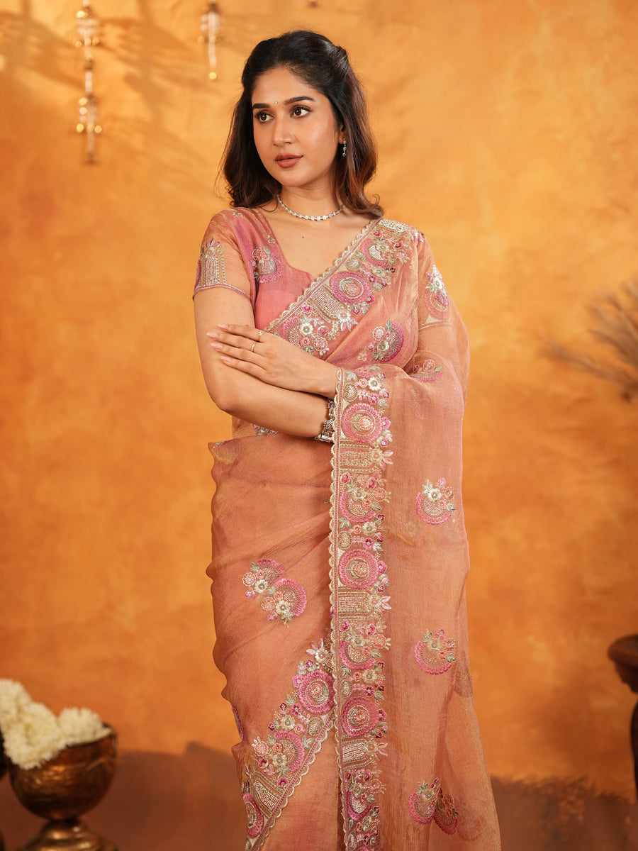 Peach Blush Fendy Satin Embroidered Saree with Multicolor Floral Border & Tassels | Designer Saree with Heavy Embroidered Blouse