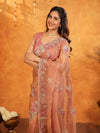 Peach Blush Fendy Satin Embroidered Saree with Multicolor Floral Border & Tassels | Designer Saree with Heavy Embroidered Blouse
