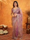Lavender Mauve Fendy Satin Embroidered Saree with Multicolor Floral Border & Tassels | Premium Designer Saree with Heavy Embroidered Blouse