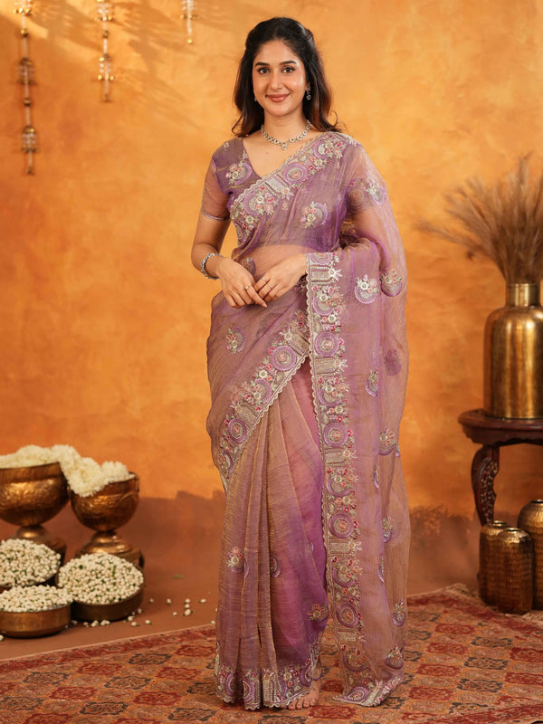 Lavender Mauve Fendy Satin Embroidered Saree with Multicolor Floral Border & Tassels | Premium Designer Saree with Heavy Embroidered Blouse