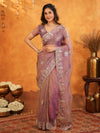 Lavender Mauve Fendy Satin Embroidered Saree with Multicolor Floral Border & Tassels | Premium Designer Saree with Heavy Embroidered Blouse