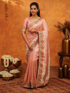 Soft Peach Pink Banarasi Silk Saree with Multicolor Peacock Floral Embroidered Border & Zari Weaving | Festive Wedding Wear Saree