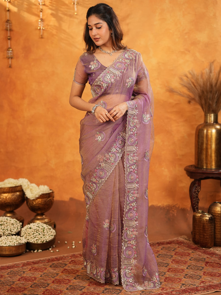 Lavender Mauve Fendy Satin Embroidered Saree with Multicolor Floral Border & Tassels | Premium Designer Saree with Heavy Embroidered Blouse
