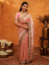 Soft Peach Pink Banarasi Silk Saree with Multicolor Peacock Floral Embroidered Border & Zari Weaving | Festive Wedding Wear Saree