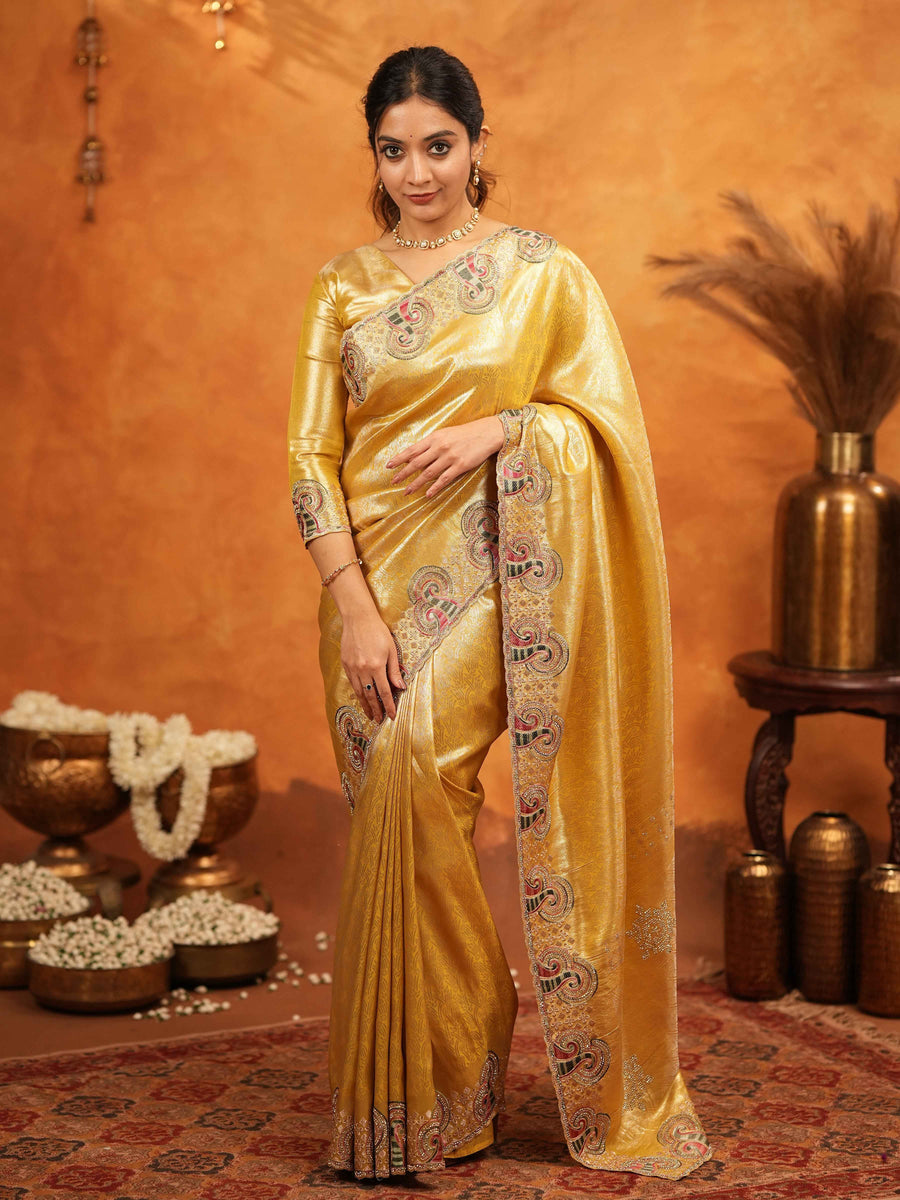 Golden Yellow Banarasi Silk Embroidered Saree with Paisley Border & Zari Weaving | Heavy Embroidered Blouse with Tassels | Wedding & Festive Wear Saree