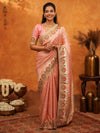 Soft Peach Pink Banarasi Silk Saree with Multicolor Peacock Floral Embroidered Border & Zari Weaving | Festive Wedding Wear Saree