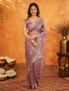 Lavender Mauve Fendy Satin Embroidered Saree with Multicolor Floral Border & Tassels | Premium Designer Saree with Heavy Embroidered Blouse