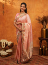 Soft Peach Pink Banarasi Silk Saree with Multicolor Peacock Floral Embroidered Border & Zari Weaving | Festive Wedding Wear Saree