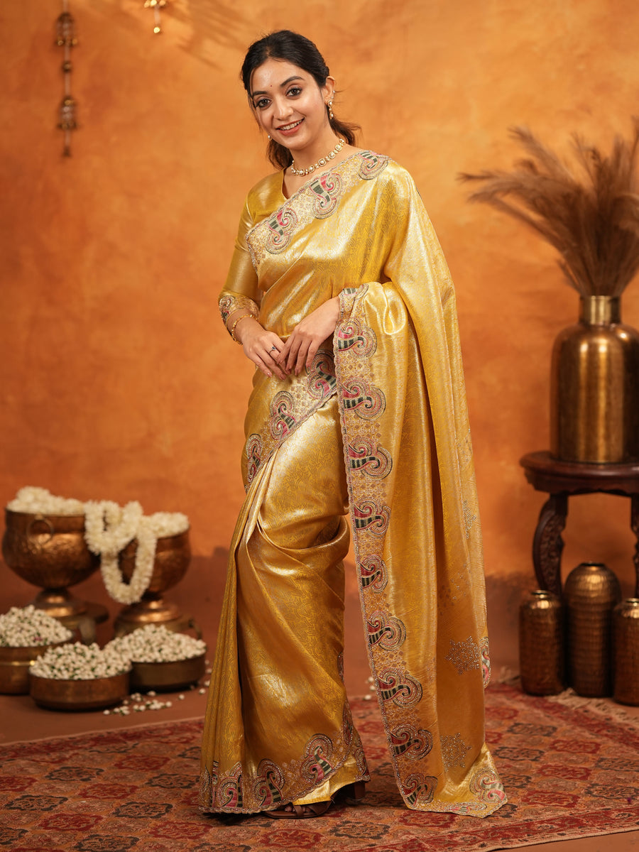 Golden Yellow Banarasi Silk Embroidered Saree with Paisley Border & Zari Weaving | Heavy Embroidered Blouse with Tassels | Wedding & Festive Wear Saree
