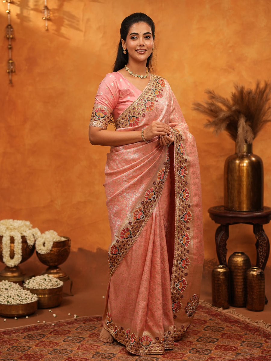 Soft Peach Pink Banarasi Silk Saree with Multicolor Peacock Floral Embroidered Border & Zari Weaving | Festive Wedding Wear Saree